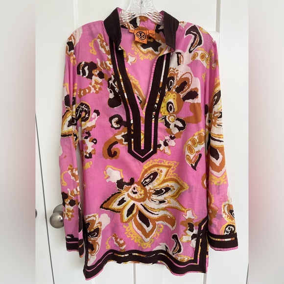 Tory Burch Tops - Tory Burch Pink Floral Tunic Top Size 8 Boho Beach Resort 100% Cotton Brown Trim